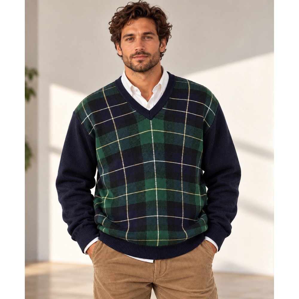 Brooks Brothers Scottish Lambswool XL Navy Plaid V Neck Sweater Dark Academia